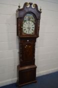 AN EARLY TO MID VICTORIAN OAK AND MAHOGANY CROSSBANDED EIGHT DAY LONGCASE CLOCK, the hood with brass