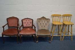 A NEAR PAIR OF ITALIAN OPEN ARMCHAIRS, and an Italian chair (the three chairs does not comply with