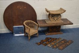 A CARVED INDONESIAN HARDWOOD COFFEE TABLE, length 114cm x depth 48cm x height 43cm, a similar stool,