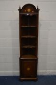 A SLIM REPRODUCTION MAHOGANY OPEN CORNER CUPBOARD, with a single cupboard door, width 50cm x depth