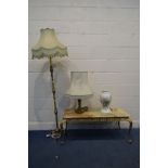 AN ONYX AND BRASS COFFEE TABLE, length 106cm x depth 54cm x height 43cm, a brass standard lamp,