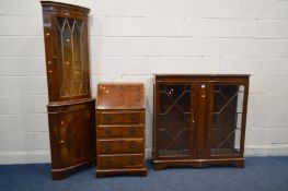 THREE VARIOUS MODERN YEWWOOD FURNITURE, to include a slim bureau with a fitted interior, width