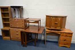 A QUANITY VARIOUS PINE AND TEAK FURNITURE, to include a teak gate leg table, tile top coffee