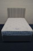 A HYPNOS GREY UPHOLSTERED 4FT6 BED, with matching headboard and mattress (all like new condition)