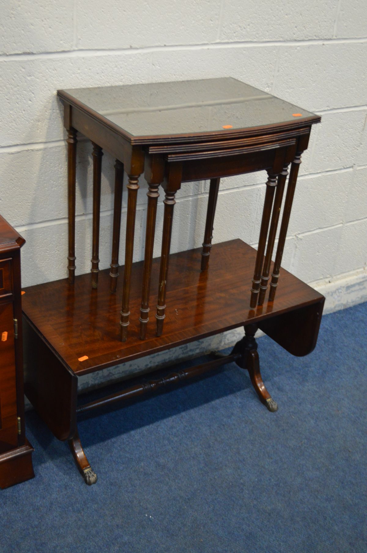 A SMALL MAHOGANY CHEST OF TWO OVER THREE DRAWERS, a mahogany two door cabinet, cd rack, sofa - Image 3 of 3