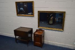 AN EDWARDIAN WALNUT FALL FRONT PURDONIUM (missing one caster), oak drop tea trolley, glass top