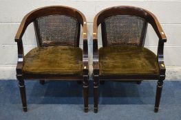 A PAIR OF EARLY 20TH CENTURY STAINED BEECH AND BERGERE BACK OPEN TUB CHAIRS (Sd to bergère)