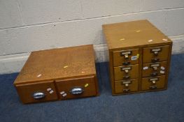 AN EARLY 20TH CENTURY GOLDEN OAK SIX DRAWER INDEX CABINET, width 35cm x depth 45cm x height 34cm and