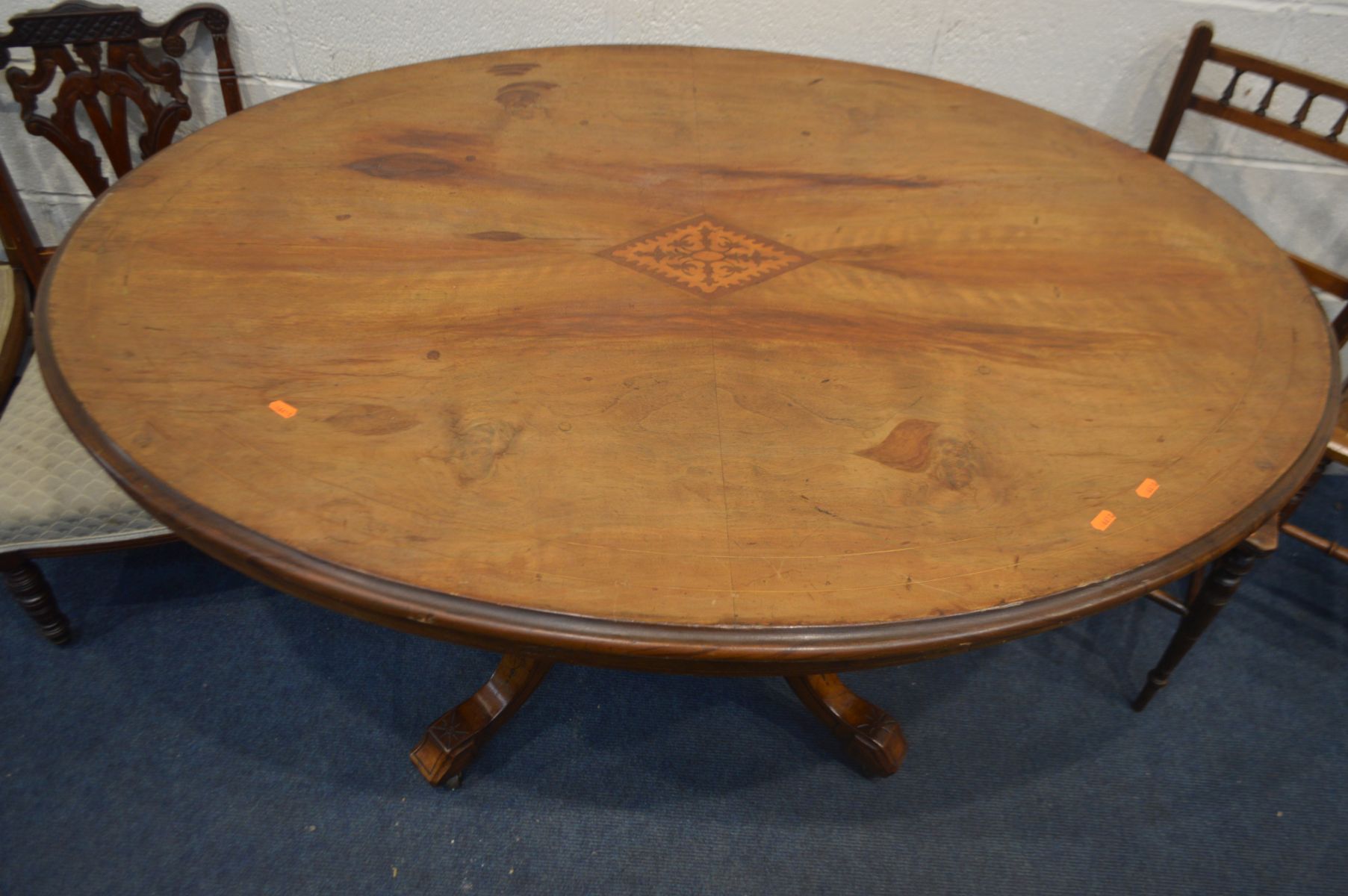 A LATE VICTORIAN WALNUT AND INLAID OVAL LOO TABLE, length 135cm x depth 97cm x height 73cm and - Image 3 of 5