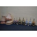 THREE PAIRS OF CERMAIC ORIENTAL STYLE TABLE LAMPS, another similar table lamp, all with shades (