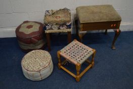 SIX VARIOUS STOOLS, to include one mahogany piano stool, needle work stool, wicker ottoman, etc