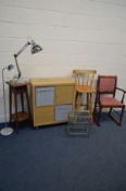 A MODERN BEECH STORAGE UNIT with two cupboard doors and fabric tubs, together with an oak plant