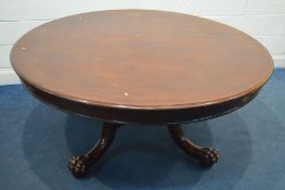 A LARGE VICTORIAN MAHOGANY CIRCULAR BREAKFAST TABLE, on a pedestal base with baluster support,