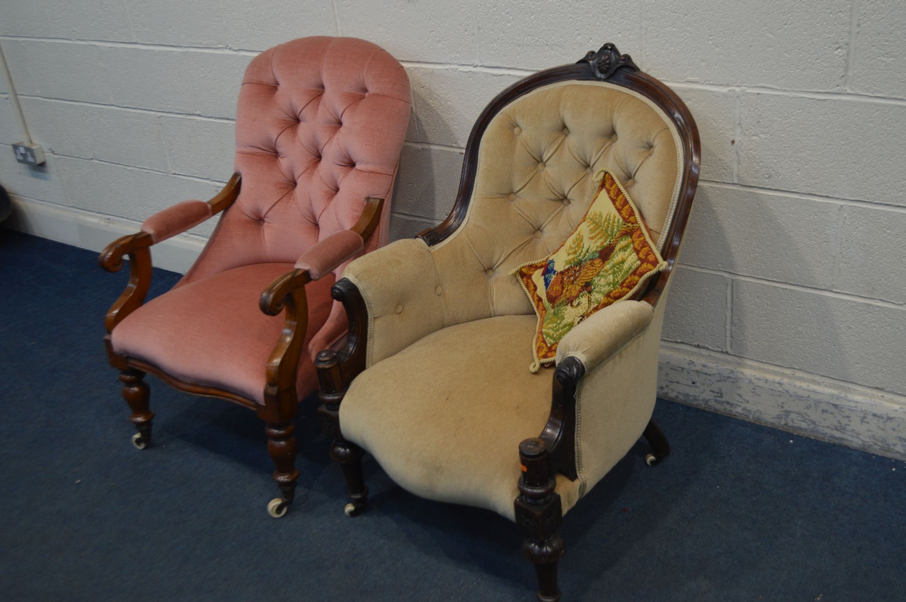A VICTORIAN WALNUT UPHOLSTERED BUTTON BACK ARMCHAIR, with scrolled arm rest, on turned legs and - Image 3 of 3