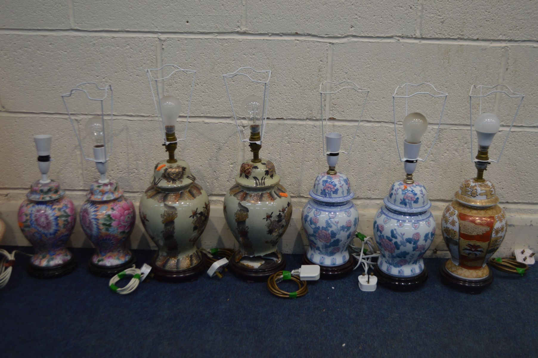 THREE PAIRS OF CERMAIC ORIENTAL STYLE TABLE LAMPS, another similar table lamp, all with shades ( - Image 2 of 6