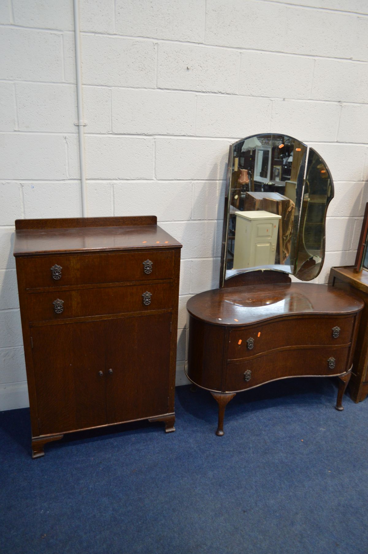 TWO 1930'S/40'S OAK TWO PIECE BEDROOM SUITES, comprising a dressing table and tallboys/chest of - Image 3 of 3