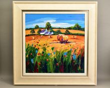 LYNN RODGIE (BRITISH CONTEMPORARY) 'STRAW BALES, ANCRUM' a colourful Scottish landscape, signed