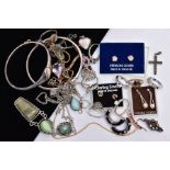 A BAG OF ASSORTED JEWELLERY, to include a silver ring set with an oval smokey quartz, bifurcated