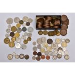 A SMALL BOX OF WORLD COINS to include a small amount of silver coins