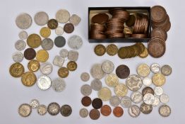 A SMALL BOX OF WORLD COINS to include a small amount of silver coins