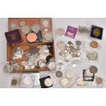 A WOODEN CIGAR BOX OF WORLD COINS to include a George II shilling coin 1741, a 1937 crown George VI,