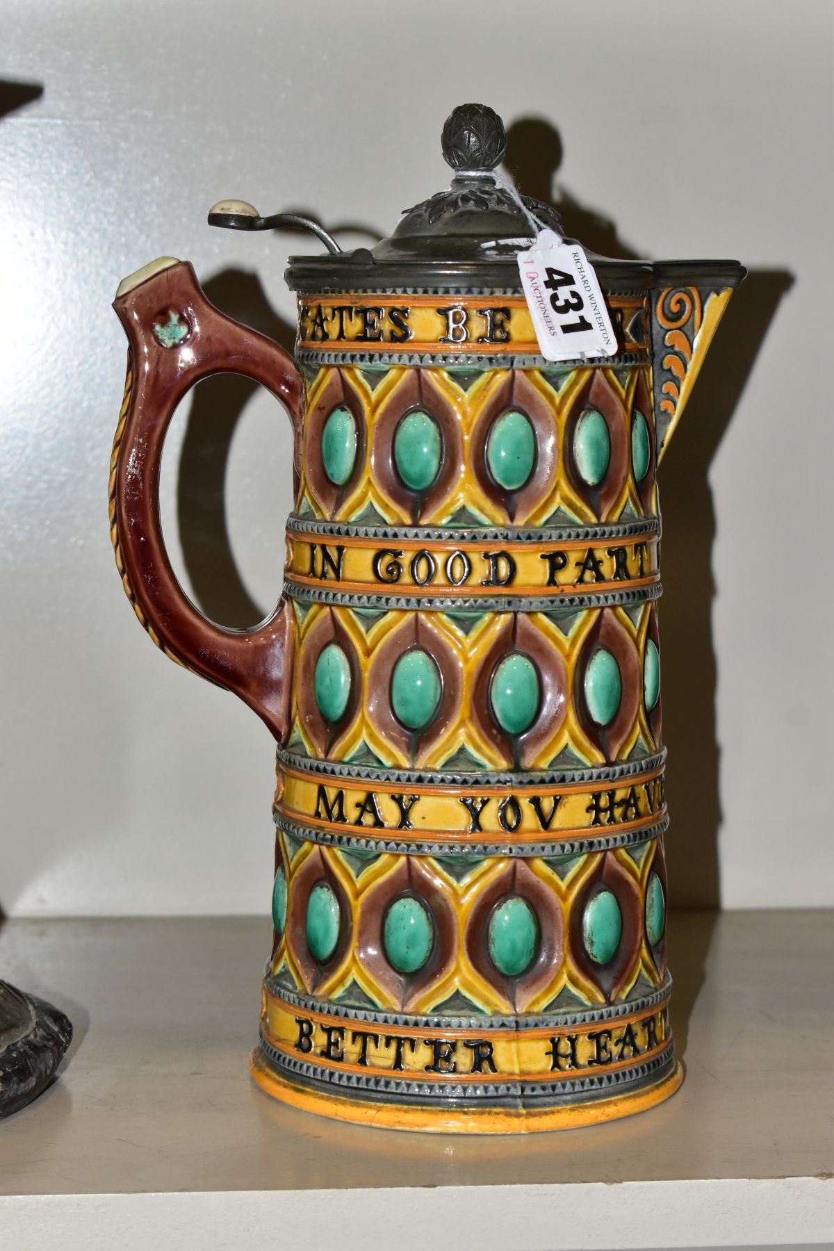 A WEDGWOOD MAJOLICA BEER JUG, having pewter cover 'WHAT THOU MY GATES BE POOR TAKE THEM IN GOOD PART - Image 3 of 12