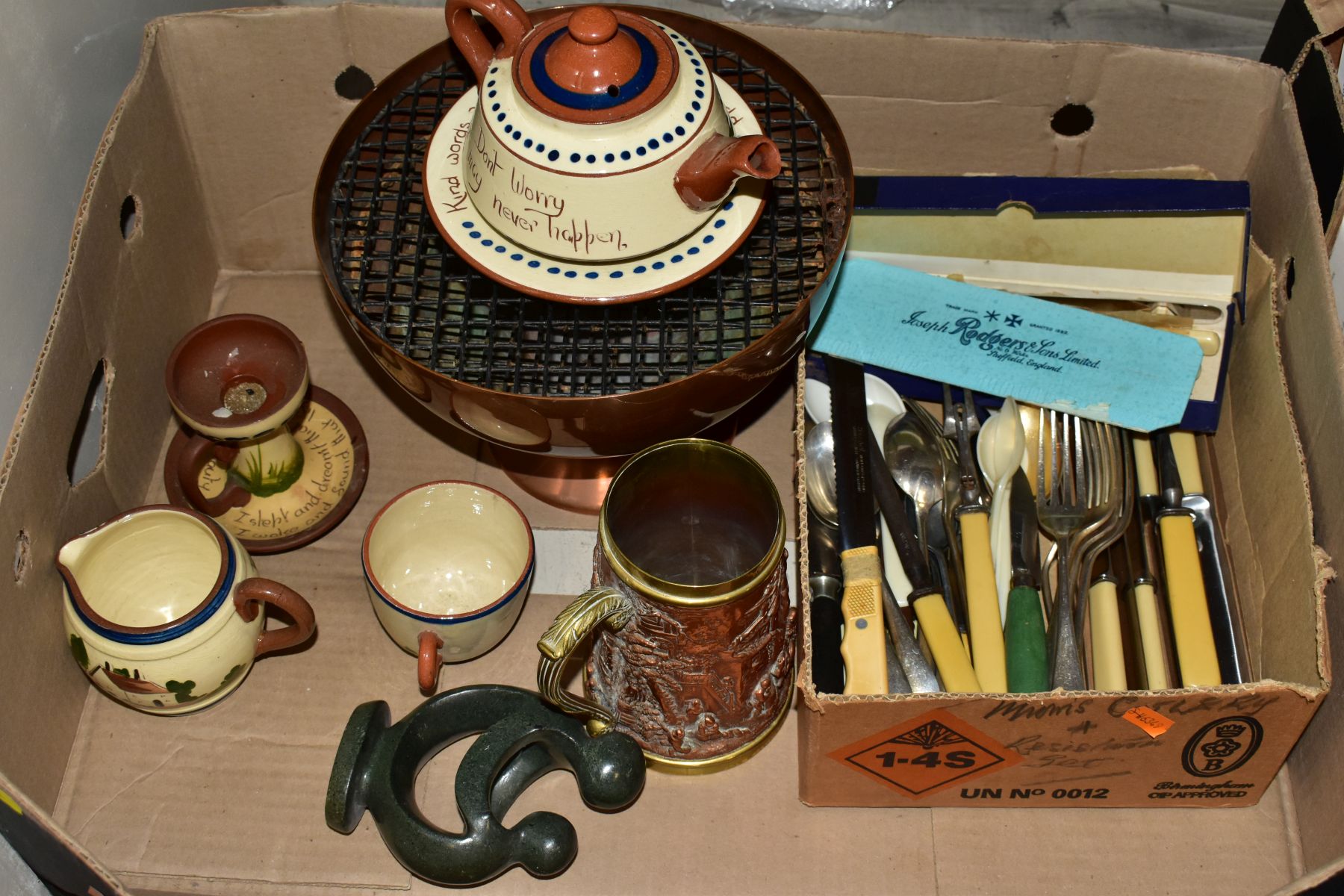 TWO BOXES OF SUNDRY ITEMS, ETC, to include Devon Motto Ware, African tourist wares - bow and arrows, - Image 7 of 10