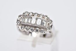 A LATE 20TH CENTURY 18CT WHITE DIAMOND DRESS RING, comprising five trap cut diamonds each