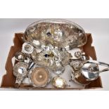 A BOX CONTAINING A QUANTITY OF SILVER PLATED ITEMS, to include a teapot and coffeepot with stand,