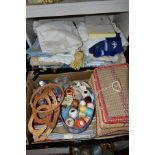 A TRAY OF SEWING AND KNITTING ACCESSORIES etc, to include a plastic wicker sewing box filled with