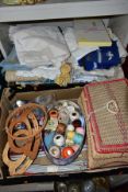 A TRAY OF SEWING AND KNITTING ACCESSORIES etc, to include a plastic wicker sewing box filled with