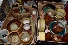 TWO BOXES AND LOOSE STONEWARE etc, including Hillstonia, Studio pottery, stoneware jugs and flagons,