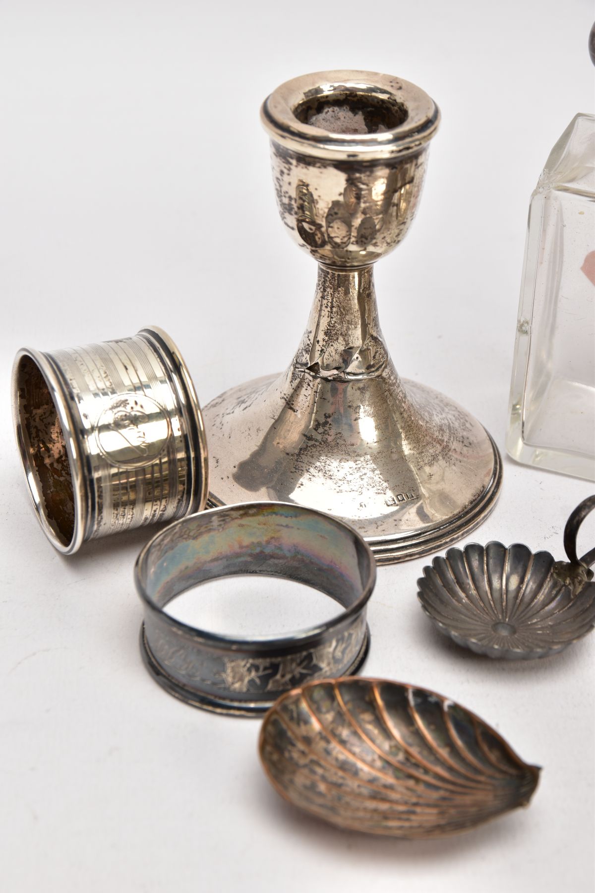 A BOX OF ASSORTED ITEMS, to include an AF silver weighted base dwarf candle, hallmarked - Image 4 of 4