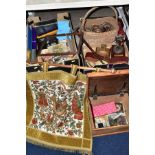 THREE BOXES AND LOOSE SUNDRY ITEMS, to include a machine woven French coat of arms 80cm x 72cm (