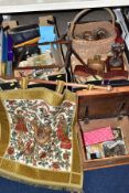 THREE BOXES AND LOOSE SUNDRY ITEMS, to include a machine woven French coat of arms 80cm x 72cm (