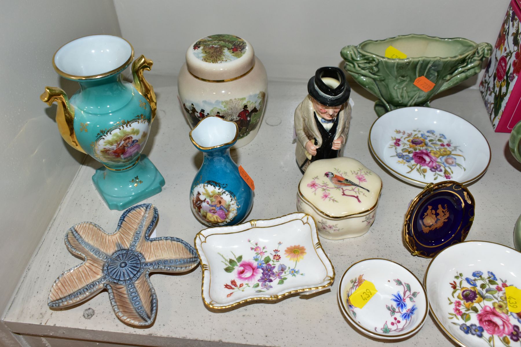 A GROUP OF CERAMIC FIGURES AND ORNAMENTS, including Capo Di Monte tramp on a bench, elderly - Image 13 of 16