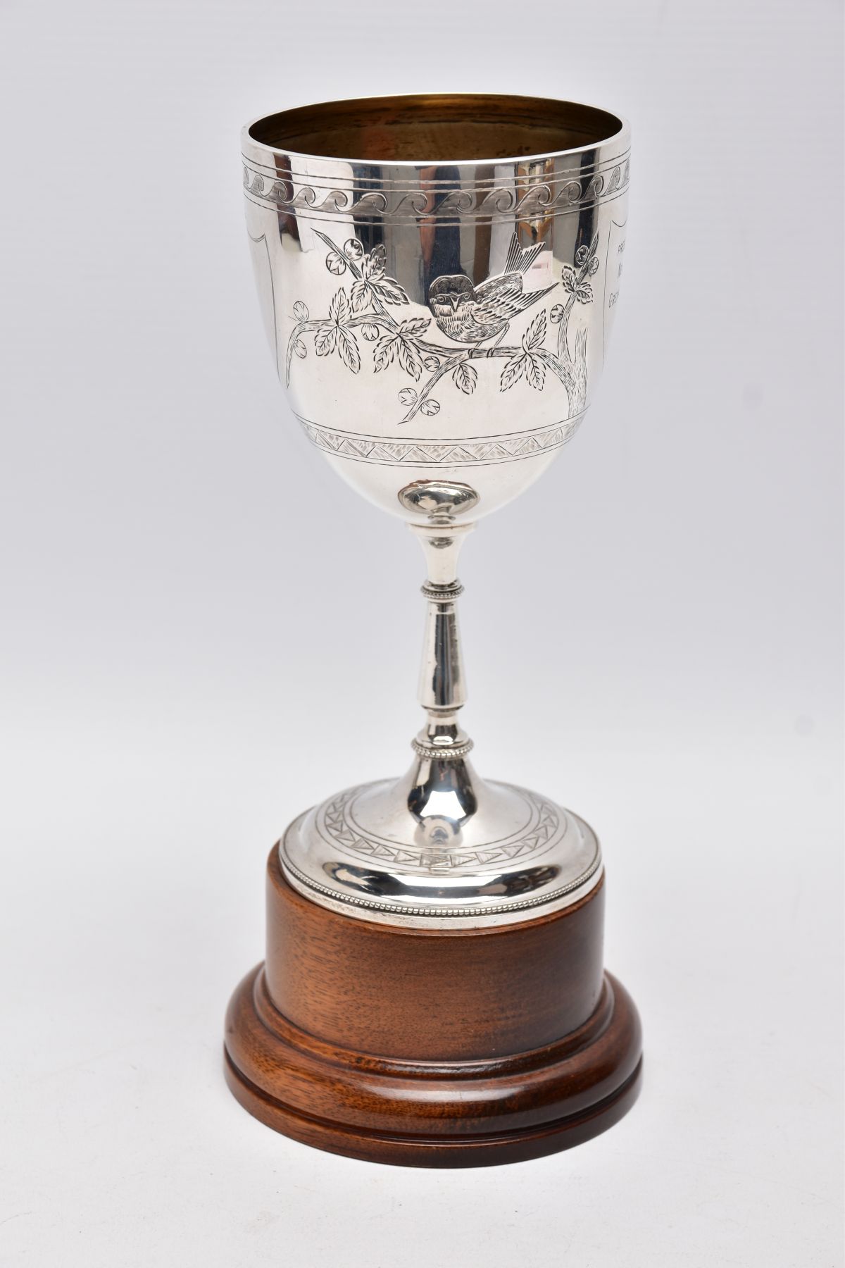 A LATE VICTORIAN SILVER TROPHY CUP, engraved foliate and bird design, engraved inscription ' - Image 2 of 8