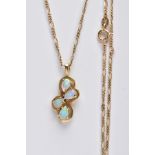 A MODERN FOUR STONE OPAL PENDANT, pendant stamped '14k', together with a Figaro link chain,