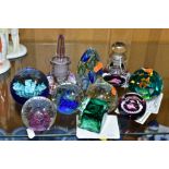 A GROUP OF GLASS SCENT BOTTLES AND PAPERWEIGHTS, to include Caithness 'Fuchsia' perfume bottle,