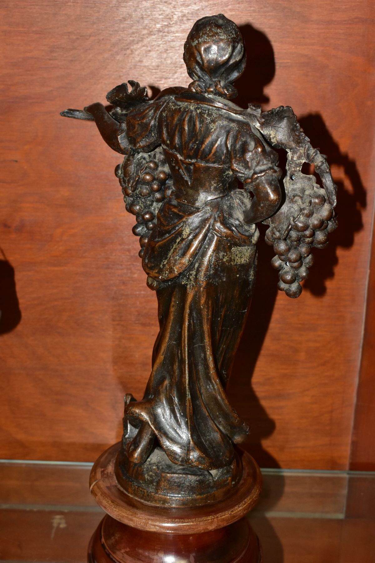 A PAIR OF BRONZED SPELTER FIGURES, the first depicts a female carrying grapes and vine titled - Image 6 of 8