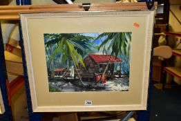 EDWIN HINGWAN (TRINIDAD 1932-1976) BEACH HUTS AND PALM TREES, signed and dated (19)75 bottom left,