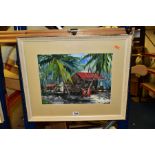 EDWIN HINGWAN (TRINIDAD 1932-1976) BEACH HUTS AND PALM TREES, signed and dated (19)75 bottom left,