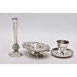 A SILVER EGG CUP, BONBON DISH AND A POSY VASE, the egg cup of a plain polished design fitted on a