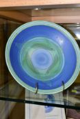 A POOLE STUDIO SALLY TUFFIN FISH PEDESTAL BOWL, hand painted with bands of blue and green with