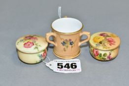 THREE ROYAL WORCESTER BLUSH IVORY MINIATURES, comprising of a tyg, height 3.5cm and two covered