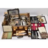 A BOX OF ASSORTED METALWARE, to include three cased set of knives,, a cased set of six EPNS coffee