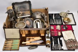 A BOX OF ASSORTED METALWARE, to include three cased set of knives,, a cased set of six EPNS coffee