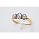 A LATE 19TH EARLY 20TH CENTURY THREE PEARL RING, yellow gold ring designed with three claw set,