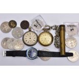 A BOX OF ITEMS, to include an AF white metal open faced pocket watch, white dial, roman numerals,