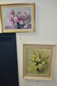 JOAN HADFIELD (20TH CENTURY), two oil on canvas flower studies, the first depicts daffodils and